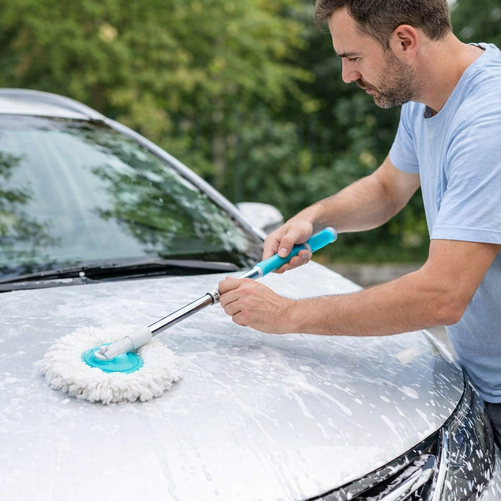 Man washing car with mop outdoors